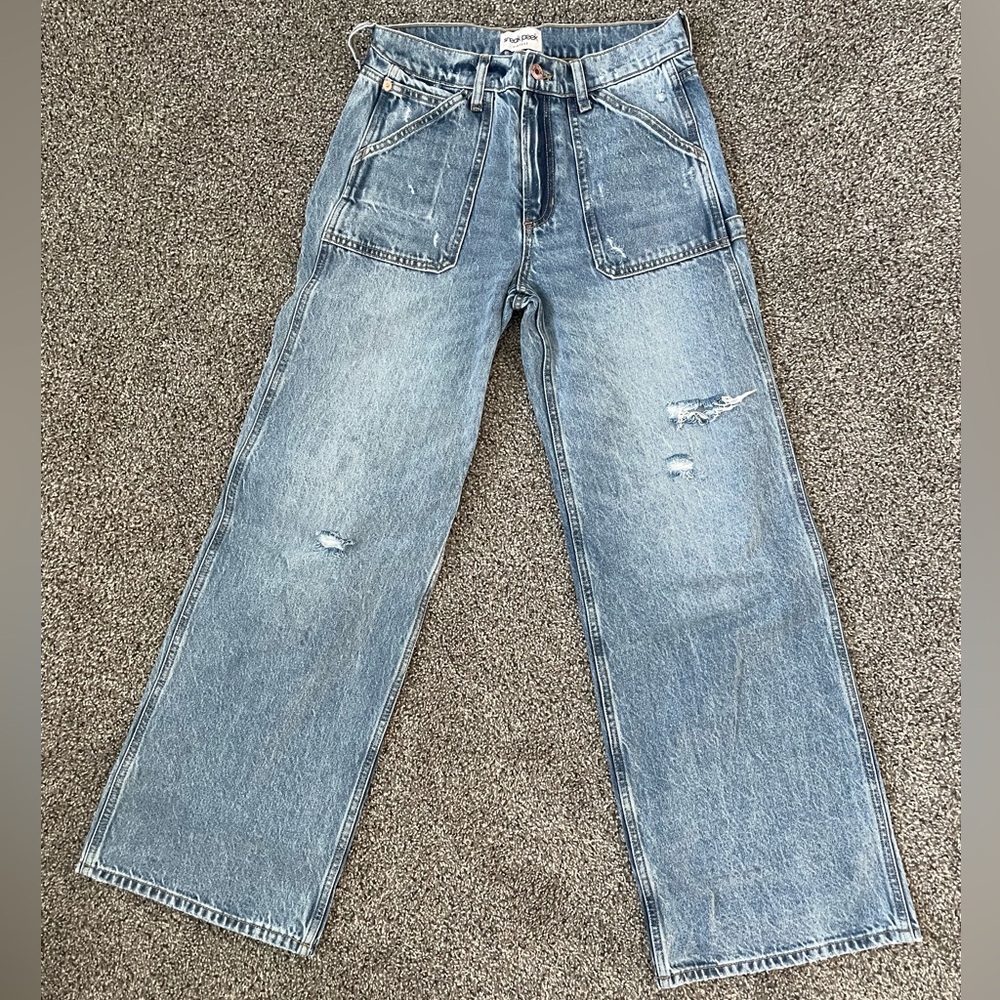 Sneak Peek High Rise Wide Leg Distressed Carpenter Jeans - Light Blue / 26